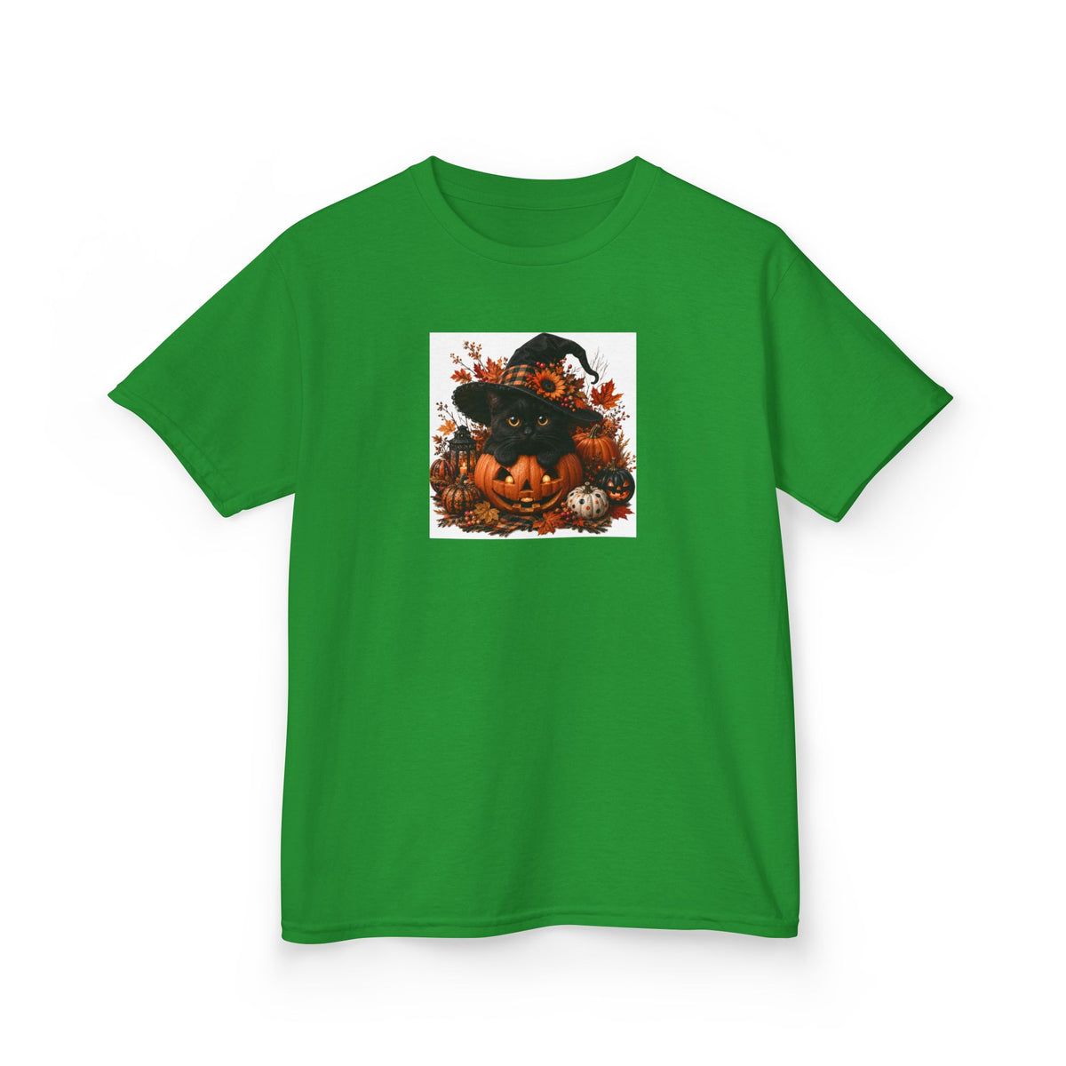 Kids Tee — Halloween Black Cat with Witch Hat & Pumpkins