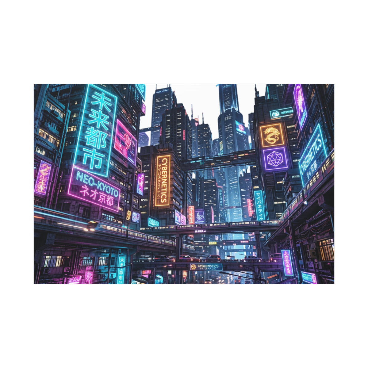 Neo-Kyoto Cyberpunk City Matte Canvas Print