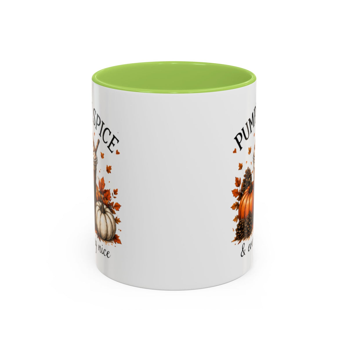 White coffee mug with light green interior and autumn pumpkin-spice print