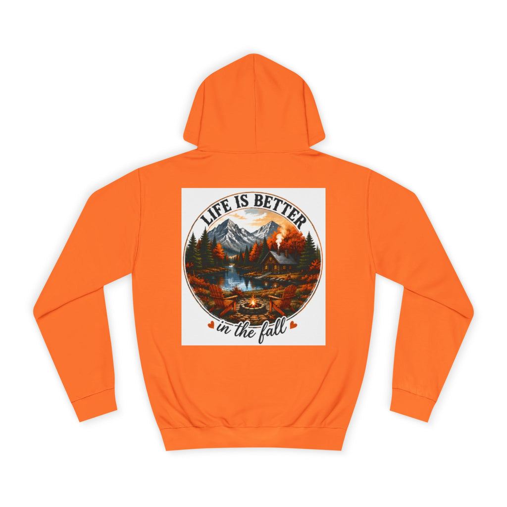 Orange pullover hoodie with large back graphic, hood, drawstrings, and kangaroo pocket.