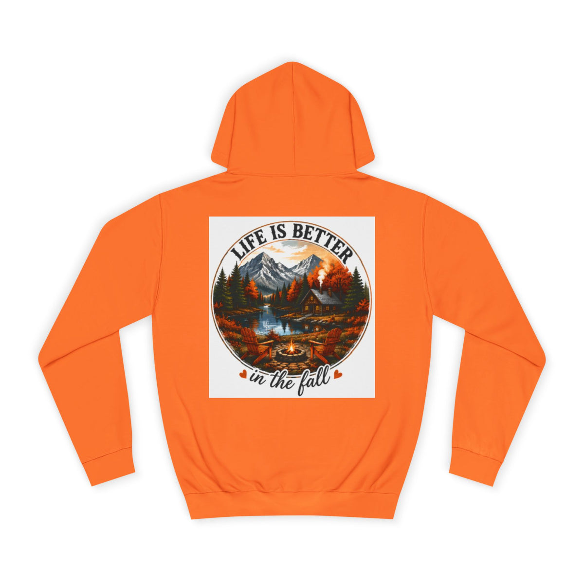 Orange pullover hoodie with large back graphic, hood, drawstrings, and kangaroo pocket.