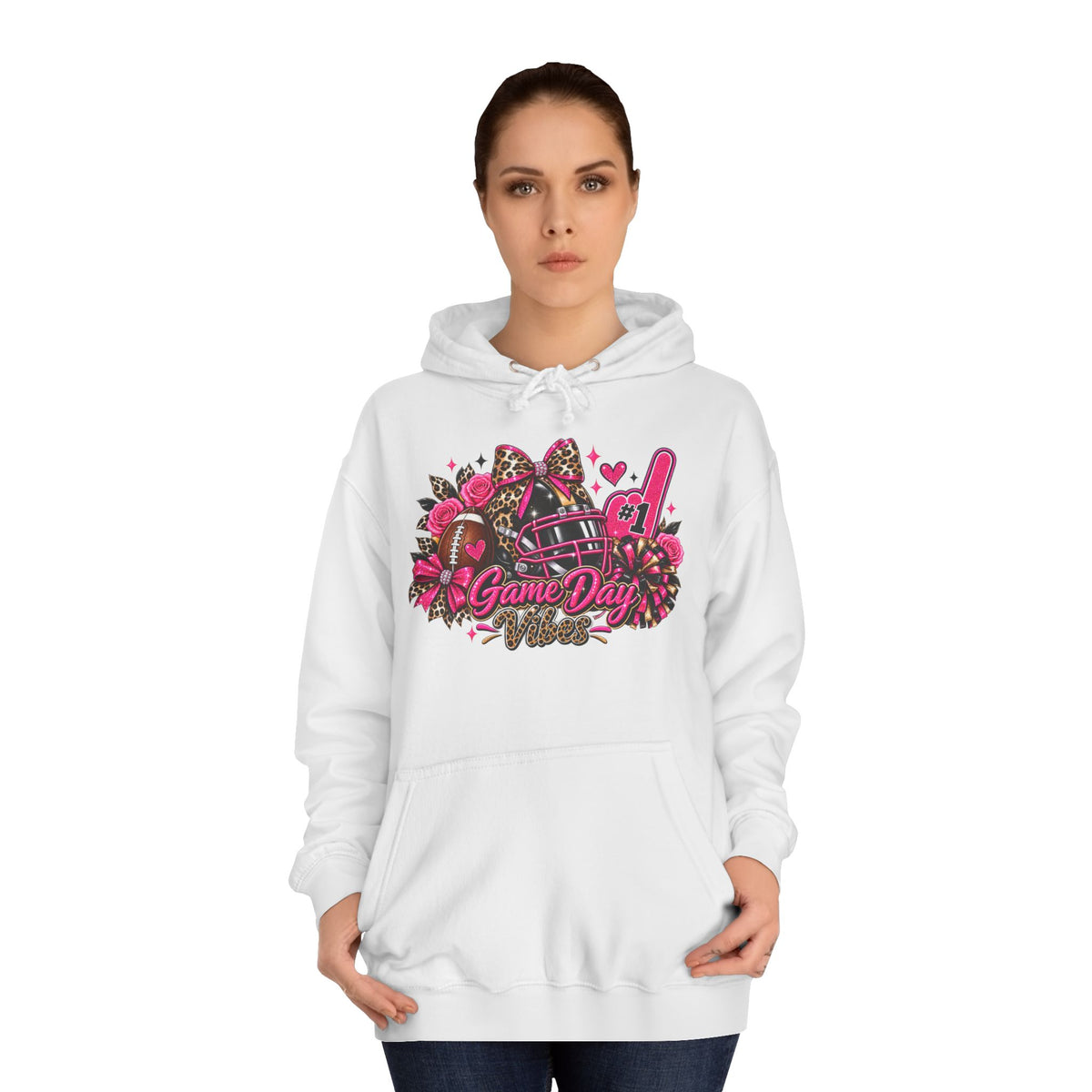 Printify Game Day Cheer Hoodie — Pink Football Floral Design, white hoodie modeled by a woman with a pink football and cheer graphic