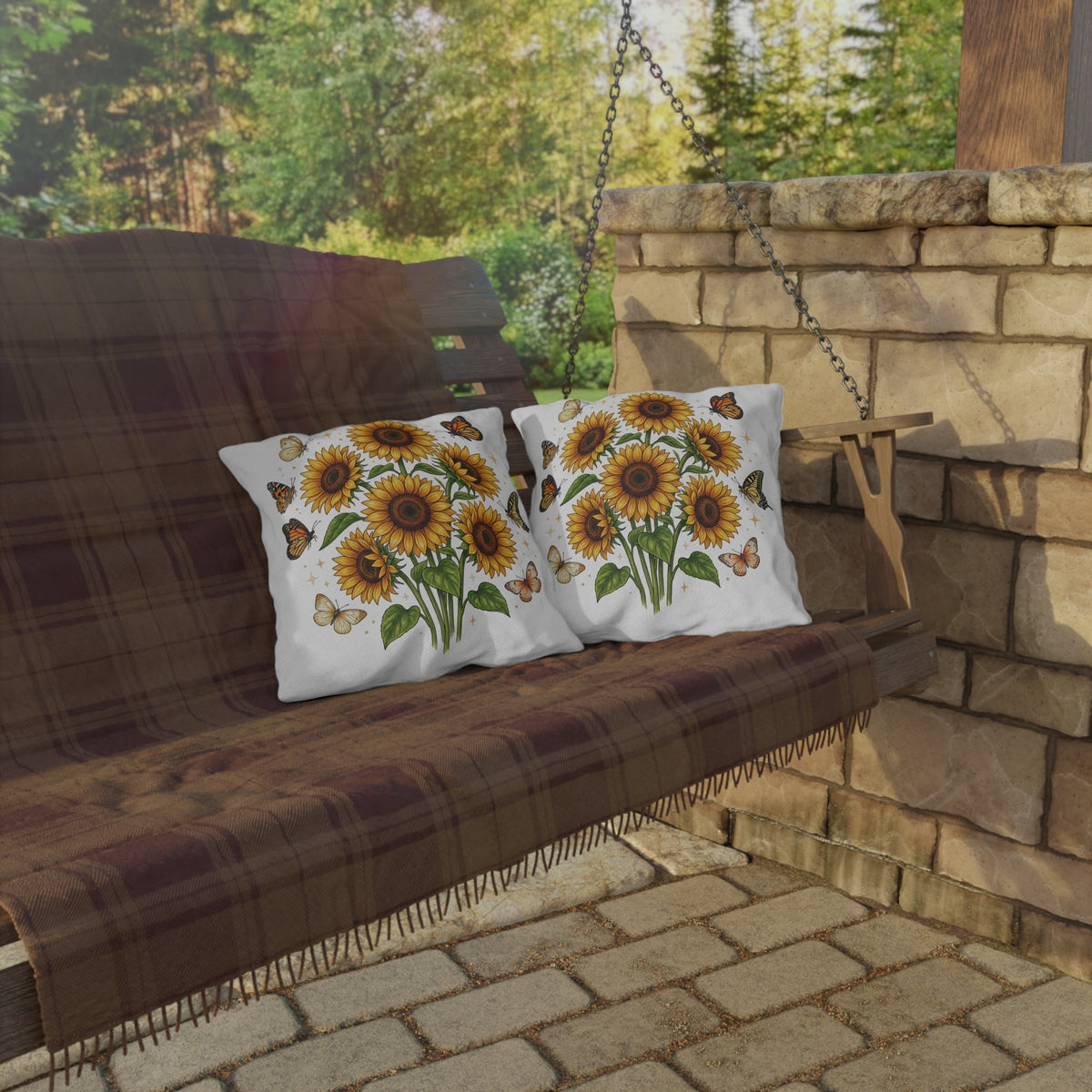 Sunflower & Monarch Outdoor Pillow — Floral Butterfly Garden Accent