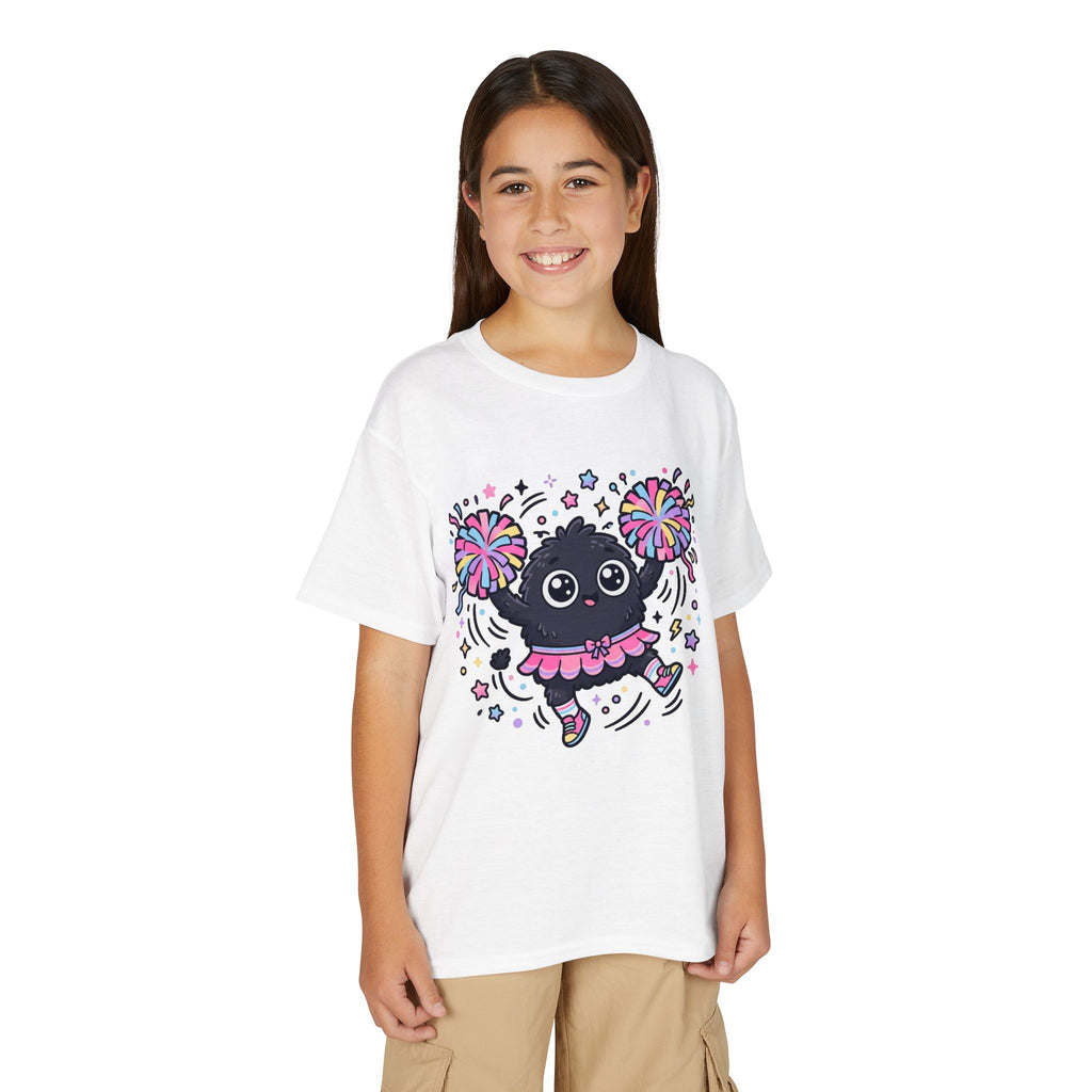 Cute Black Kitty Cheerleader Youth T-Shirt — Pom-Pom Dancing Cat Tee