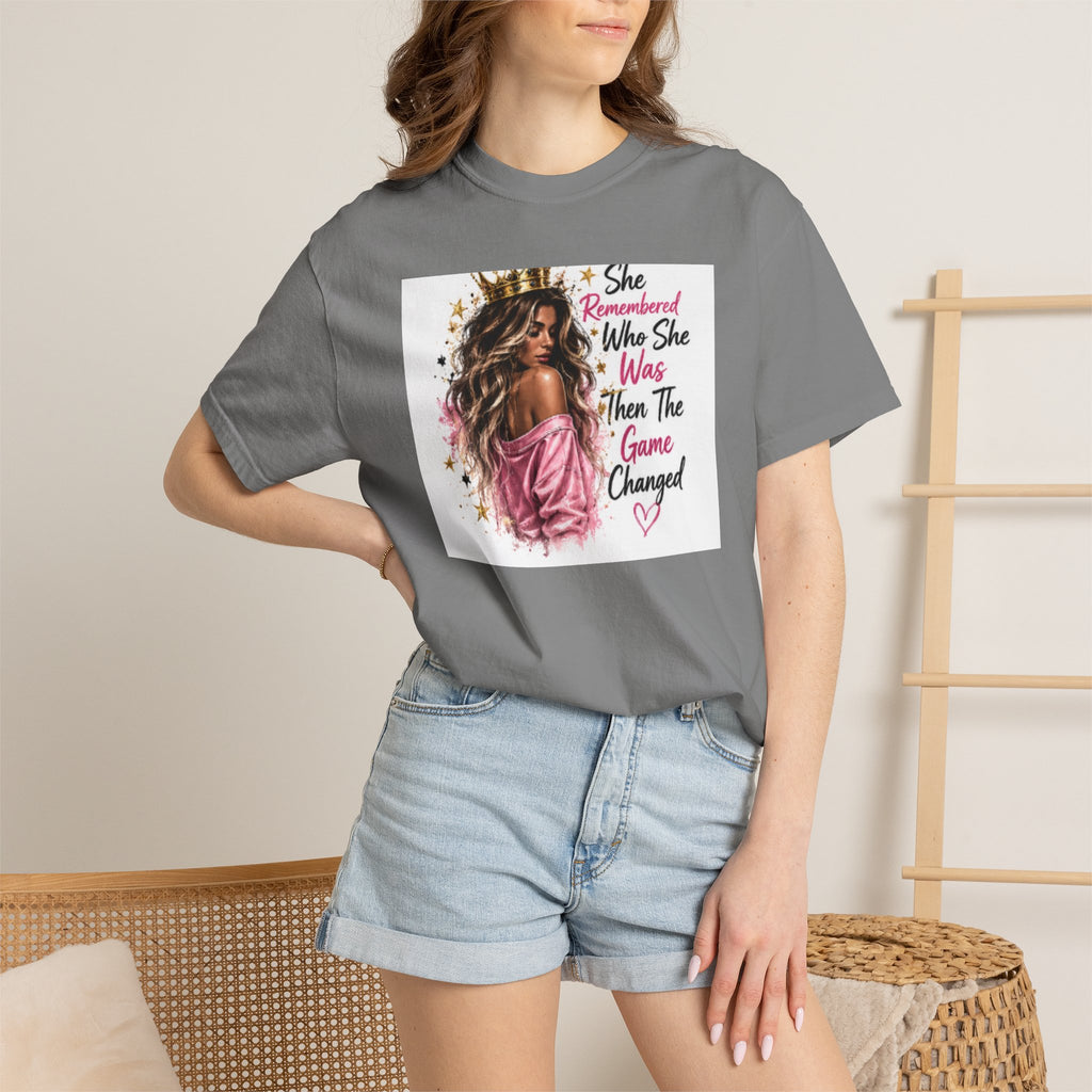 T-Shirt — 'She Remembered Who She Was' Empowerment Tee (Woman Portrait, Inspirational Quote)