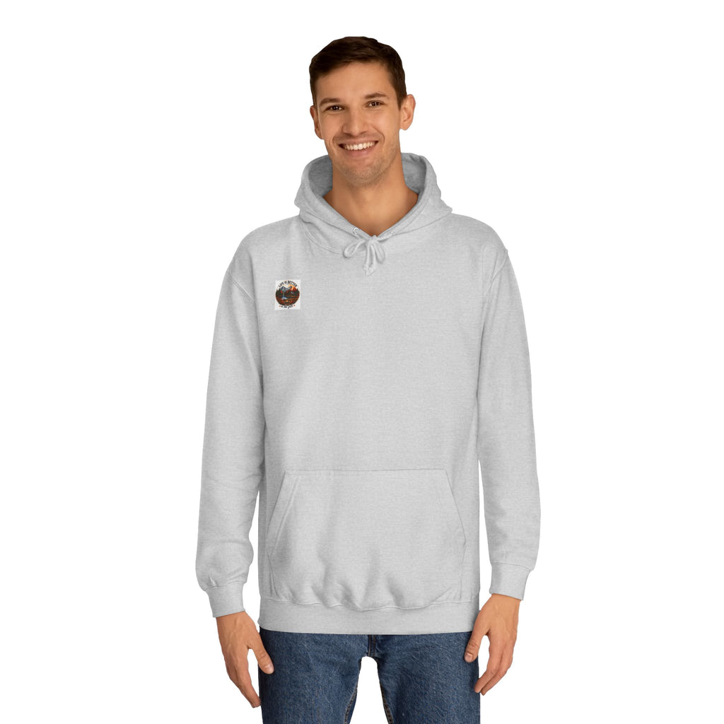 Light gray pullover hoodie with front pouch pocket and small chest patch
