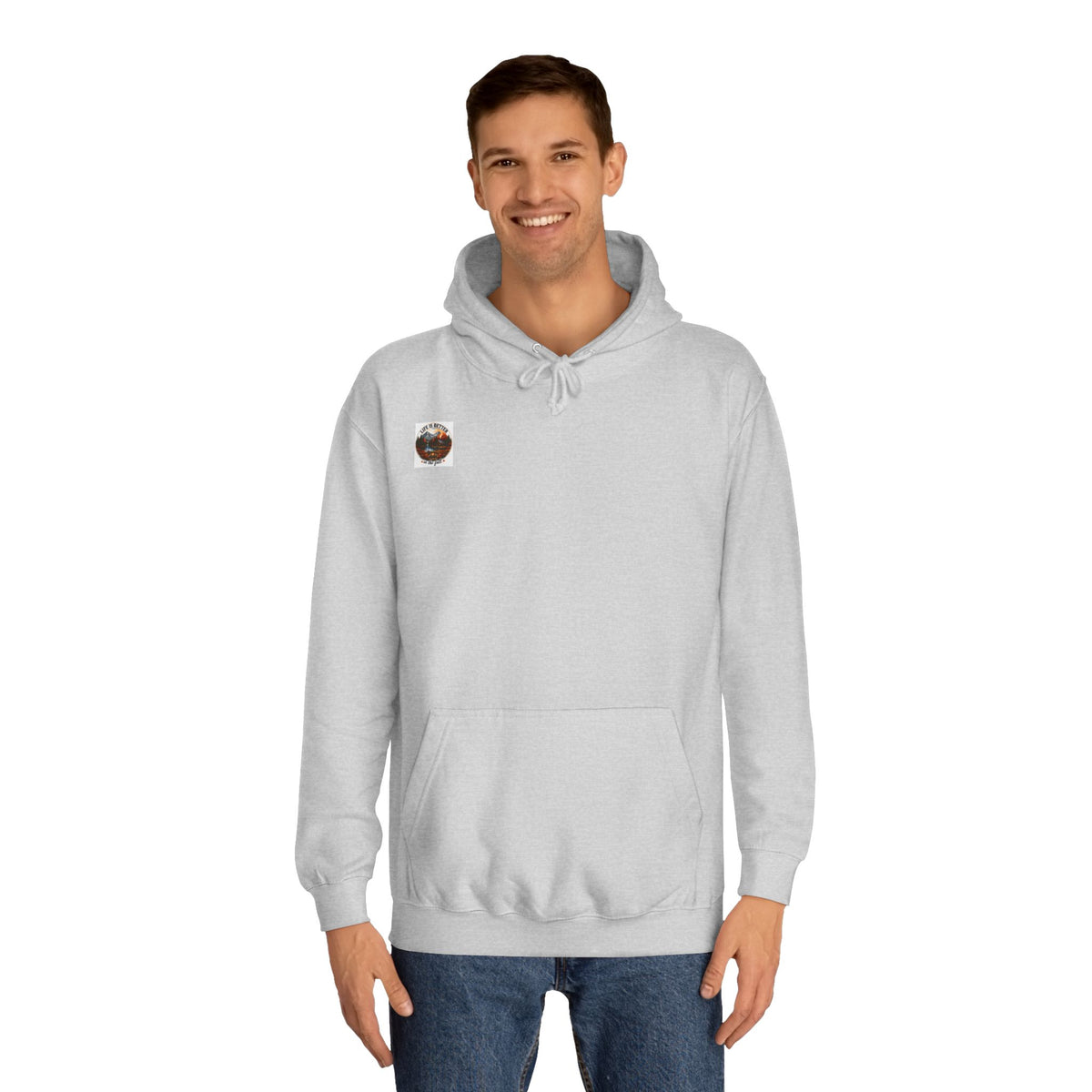 Light gray pullover hoodie with front pouch pocket and small chest patch