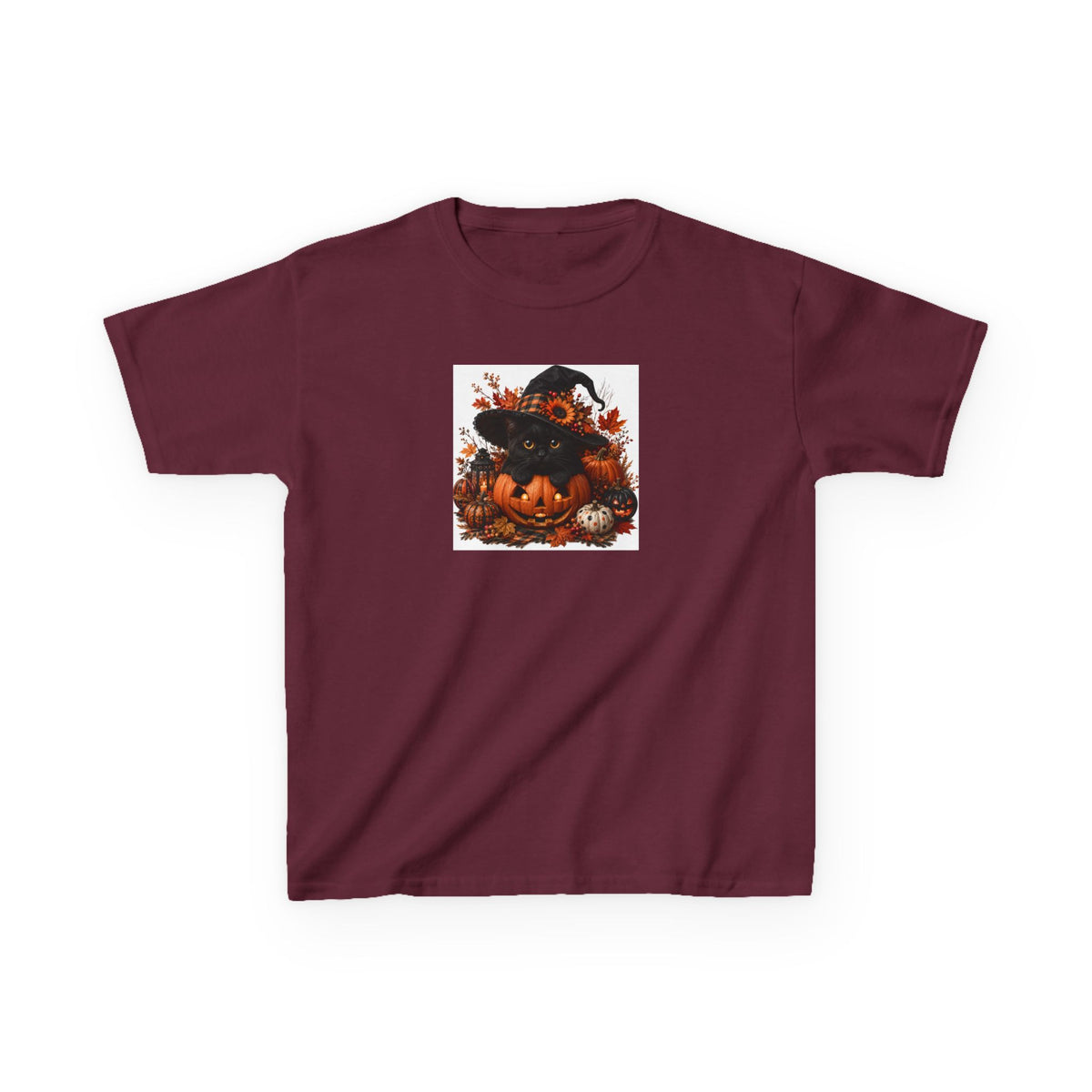 Kids Tee — Halloween Black Cat with Witch Hat & Pumpkins