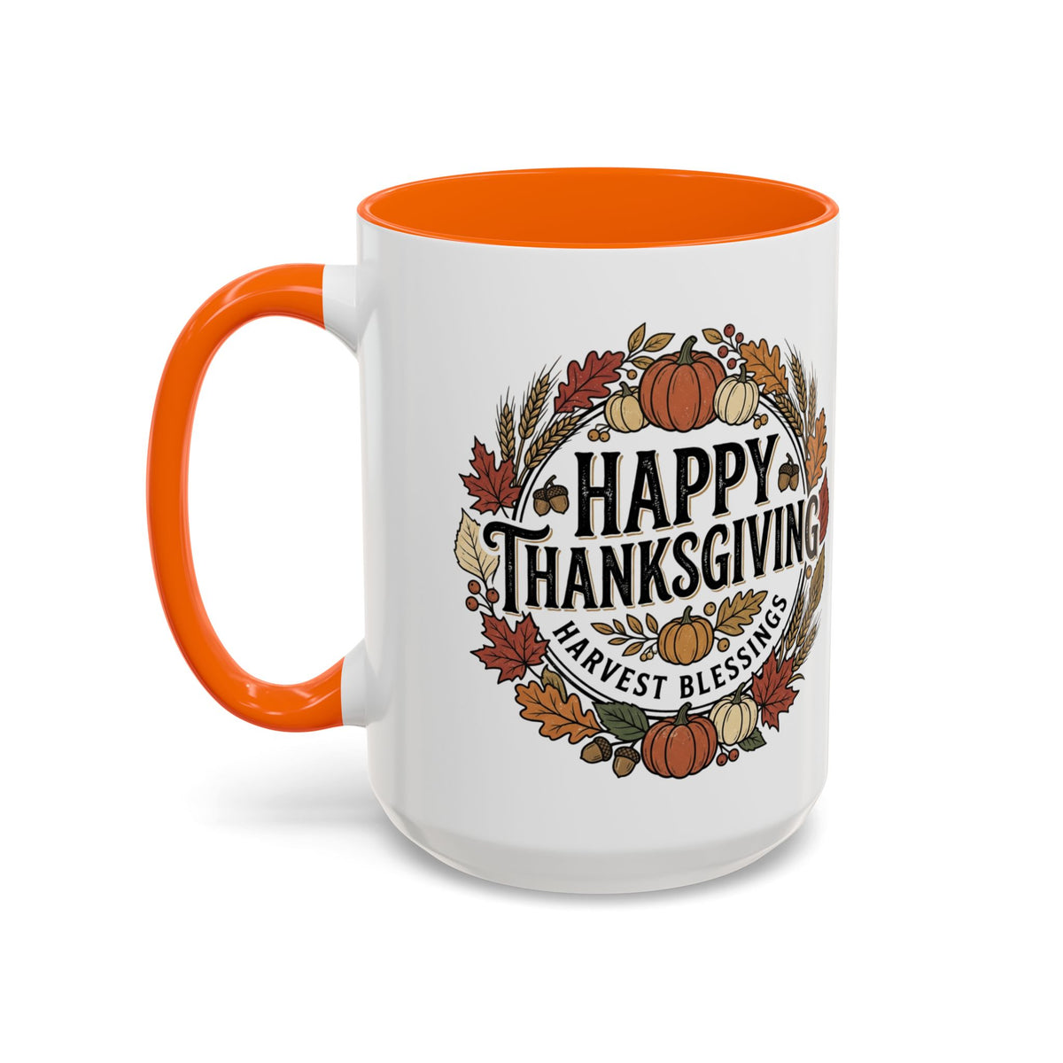 Happy Thanksgiving Accent Coffee Mug — "Harvest Blessings" Fall Pumpkin Wreath (11/15 oz)