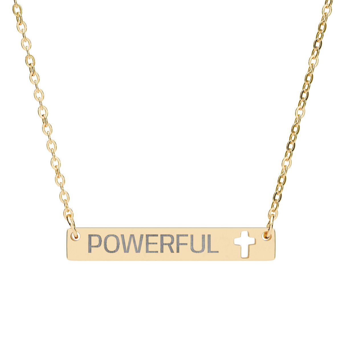 Engravable Cross Bar Necklace - "POWERFUL" Cutout Cross Pendant