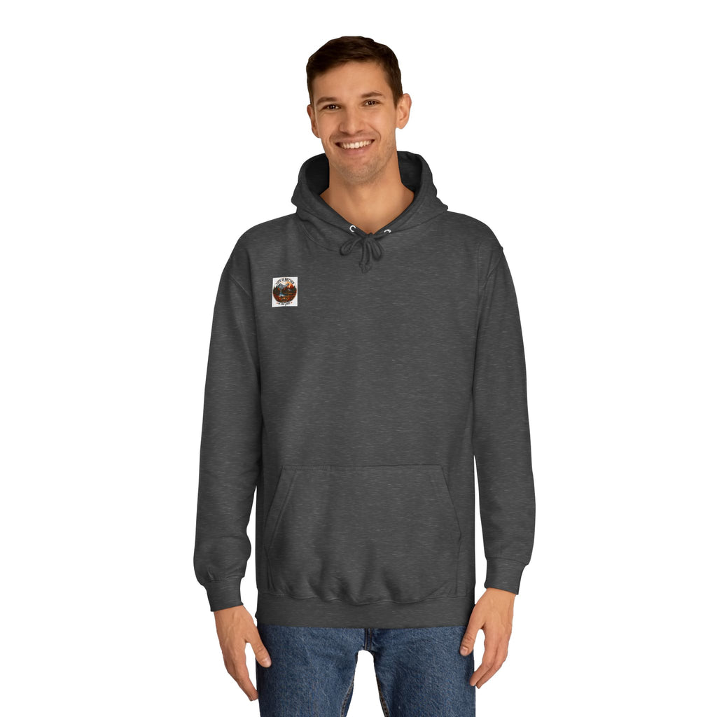 Charcoal pullover hoodie with hood and kangaroo pocket; small chest patch.