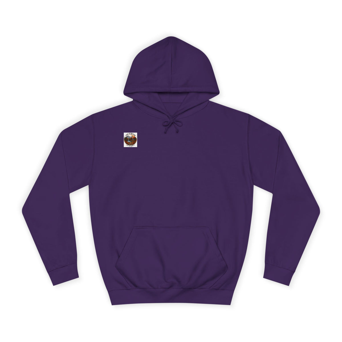 Purple pullover hoodie with hood, drawstrings, kangaroo pocket, and small back logo