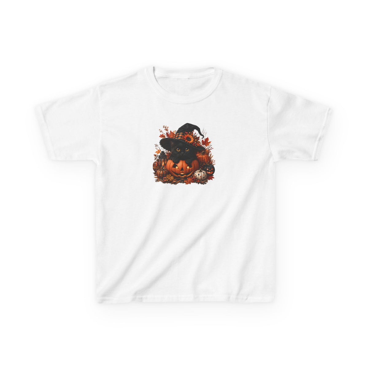 Kids Tee — Halloween Black Cat with Witch Hat & Pumpkins