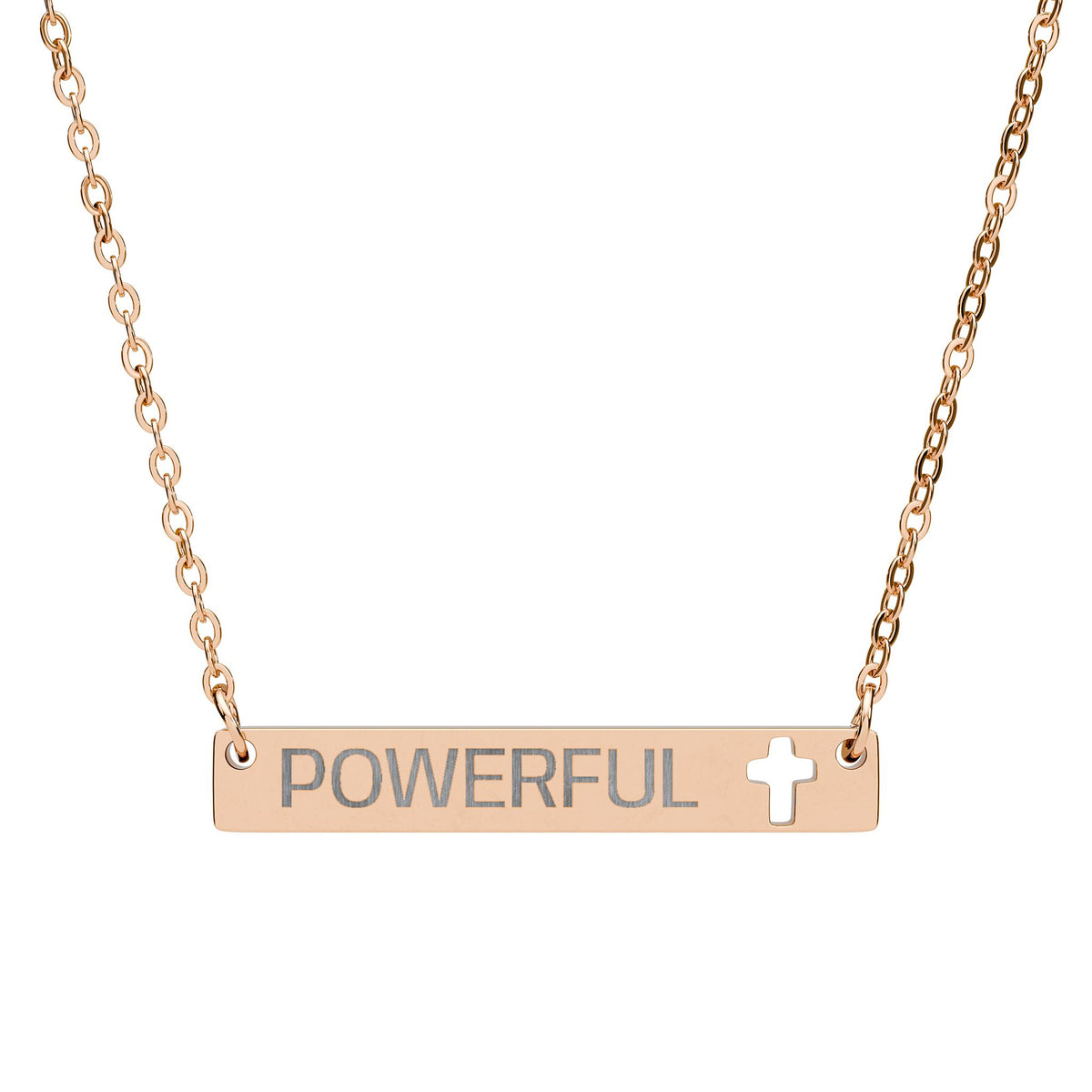 Engravable Cross Bar Necklace - "POWERFUL" Cutout Cross Pendant