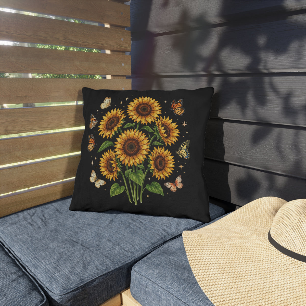 Sunflower & Butterfly Outdoor Pillow — Floral Garden Accent Cushion for Patio