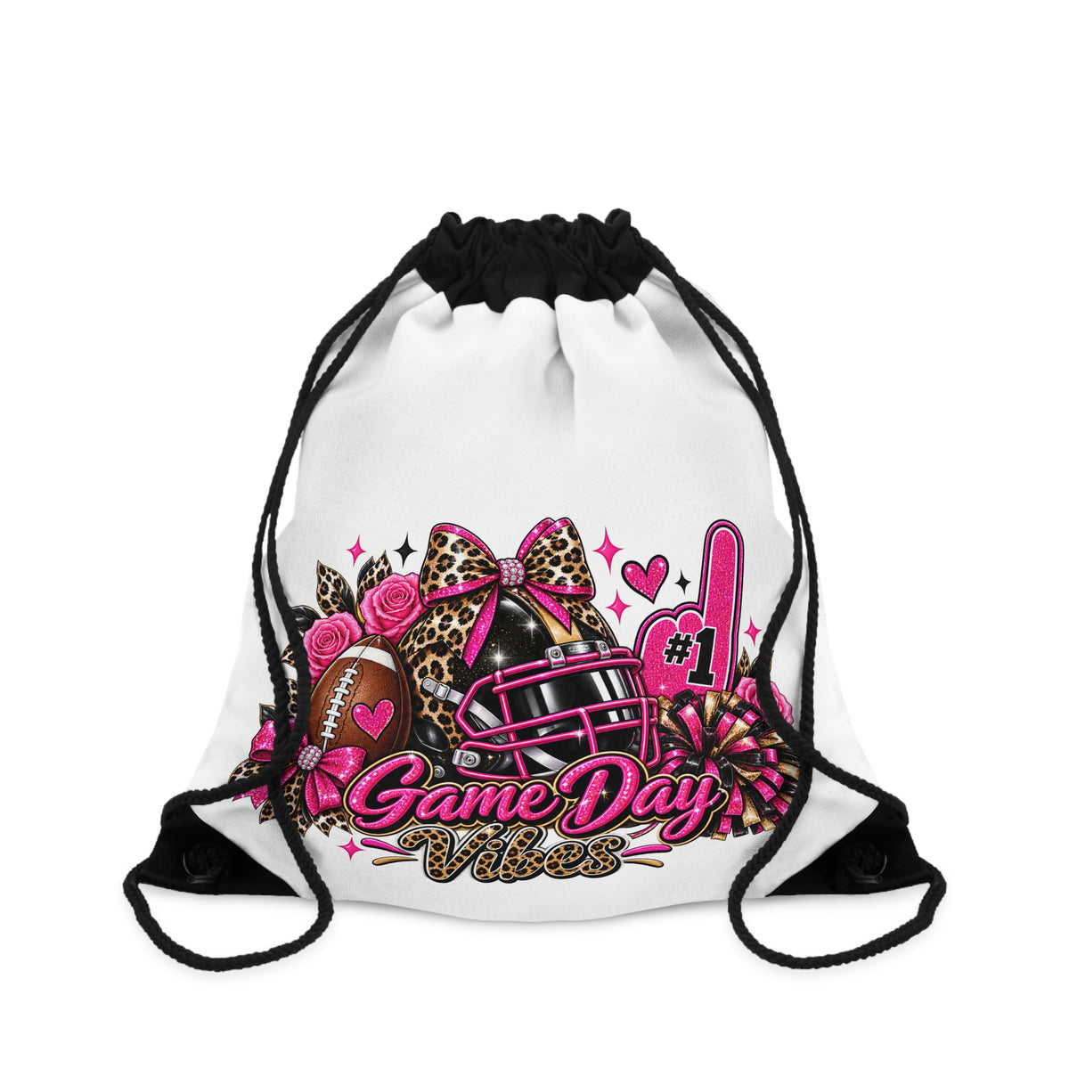 Game Day Vibes Drawstring Bag — Pink Football Cheer Design