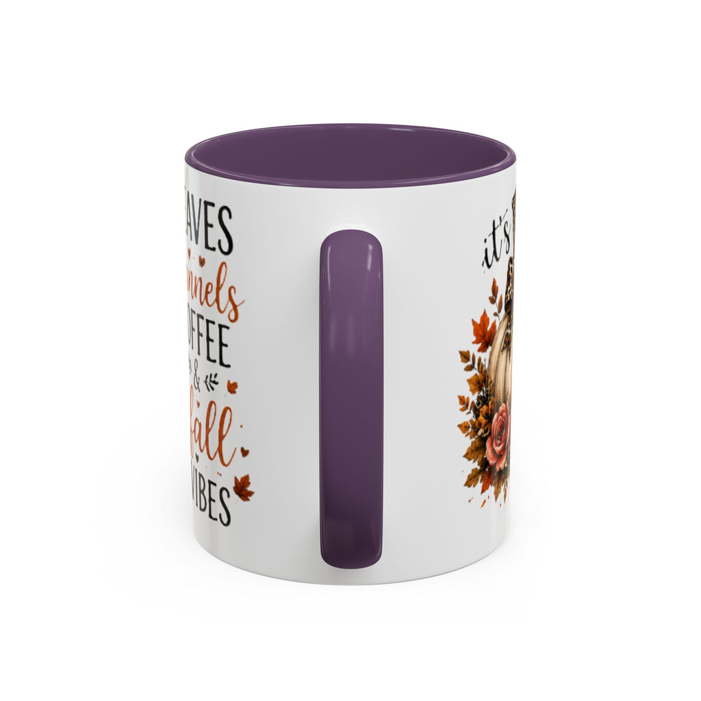 White coffee mug with purple handle insert and fall leaves text graphic on the side