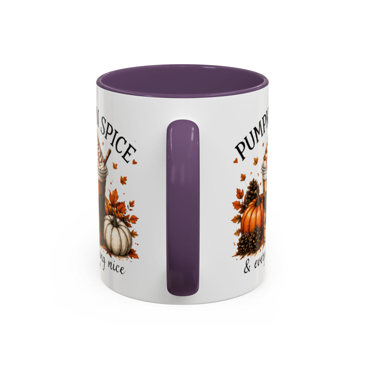 Purple accent coffee mug side view with vertical handle and “Pumpkin Spice” print