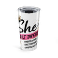 20oz insulated tumbler with clear lid, white body, black and pink motivational graphic