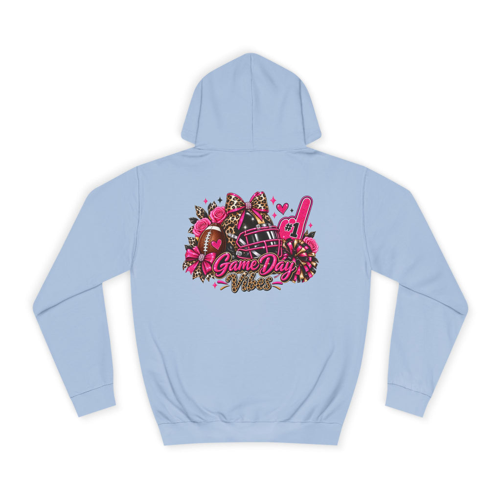 Game Day Cheer Hoodie — Pink Football Floral Design by Printify, light blue hoodie featuring a pink football helmet, floral accents, hearts, and Game Day graphic