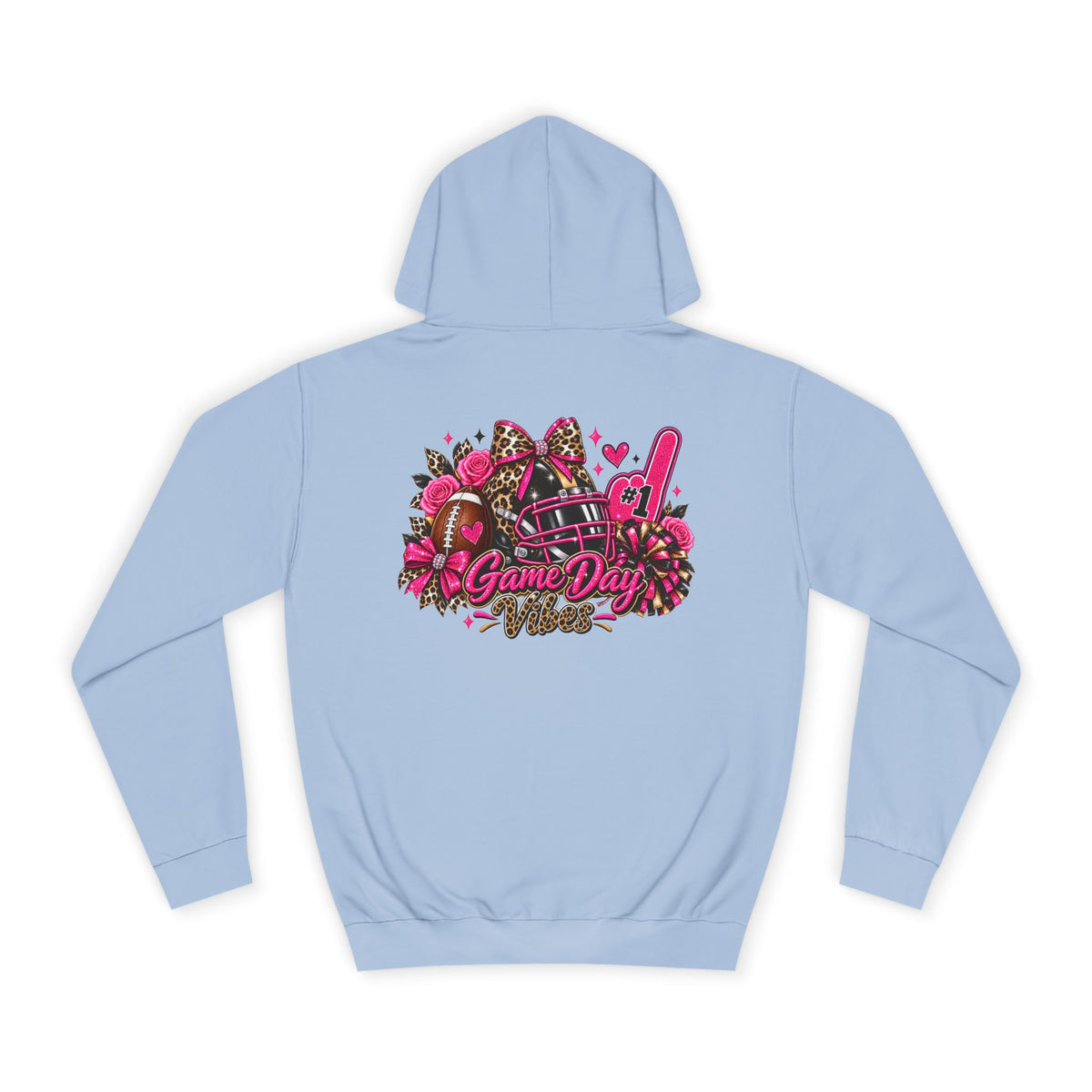 Game Day Cheer Hoodie — Pink Football Floral Design by Printify, light blue hoodie featuring a pink football helmet, floral accents, hearts, and Game Day graphic