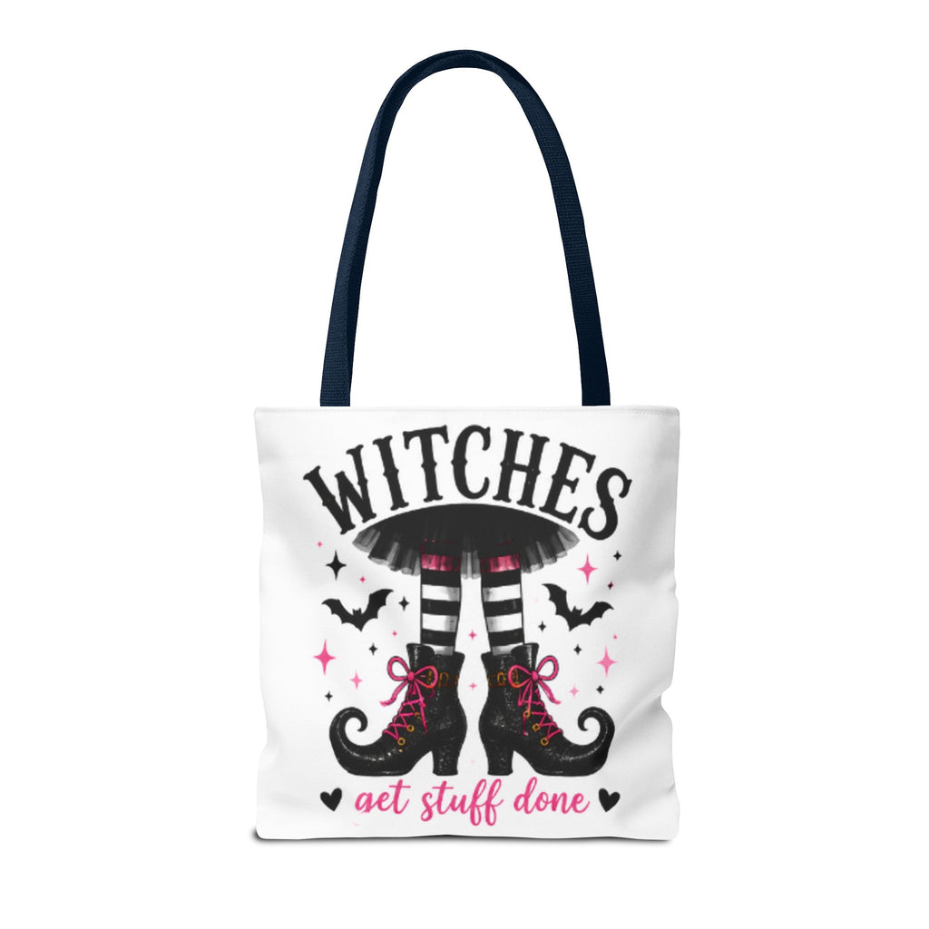 White tote bag front view with witch boots graphic and “get stuff done” lettering