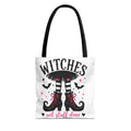 White tote bag with black handles, witches graphic and "get stuff done" lettering