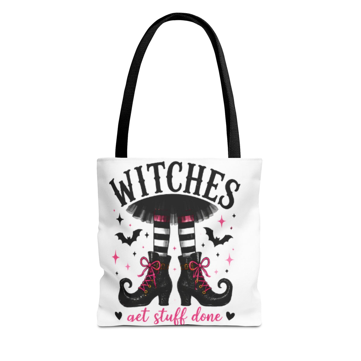 White tote bag with black handles, witches graphic and "get stuff done" lettering