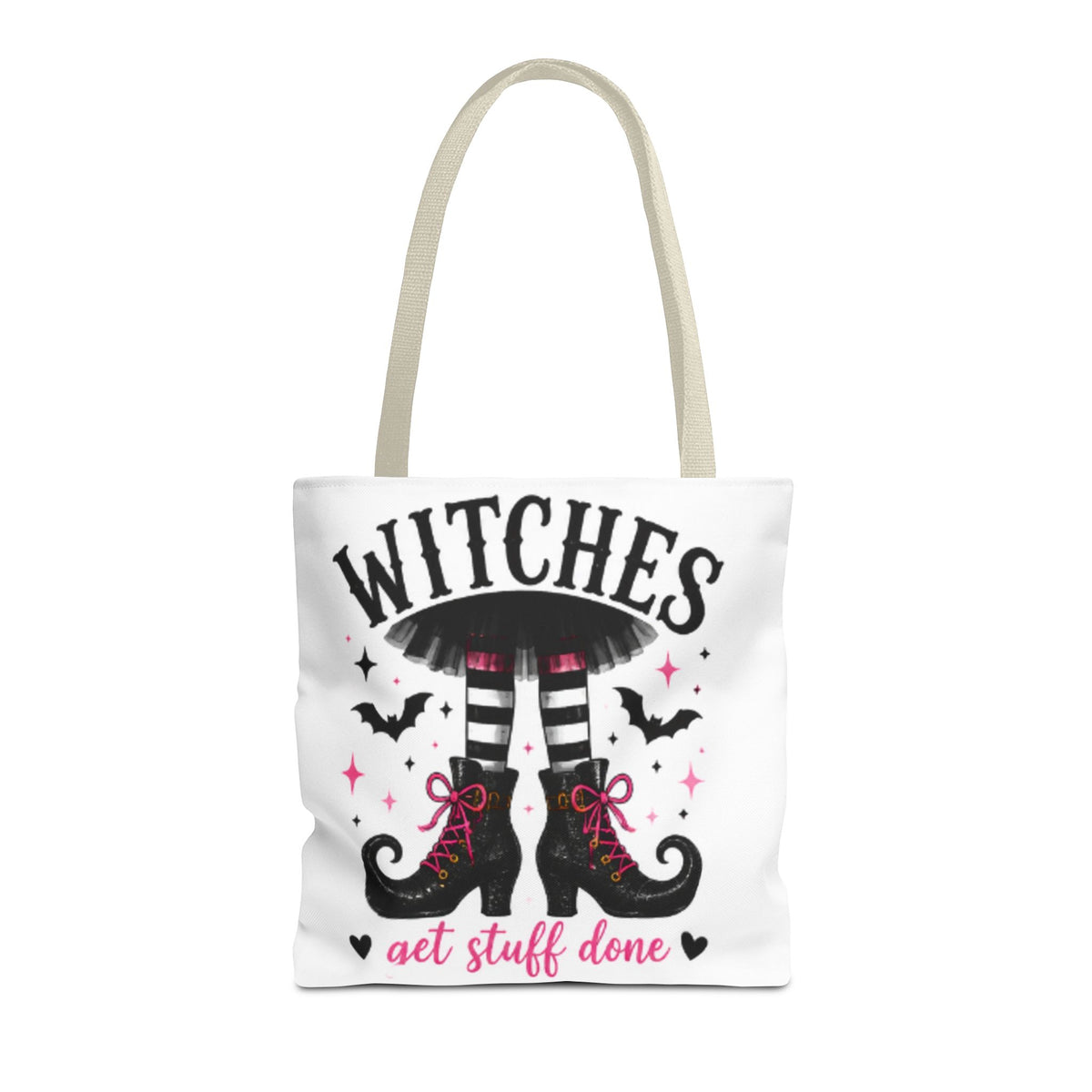 White tote bag with beige handles, WITCHES graphic and "get stuff done" text.