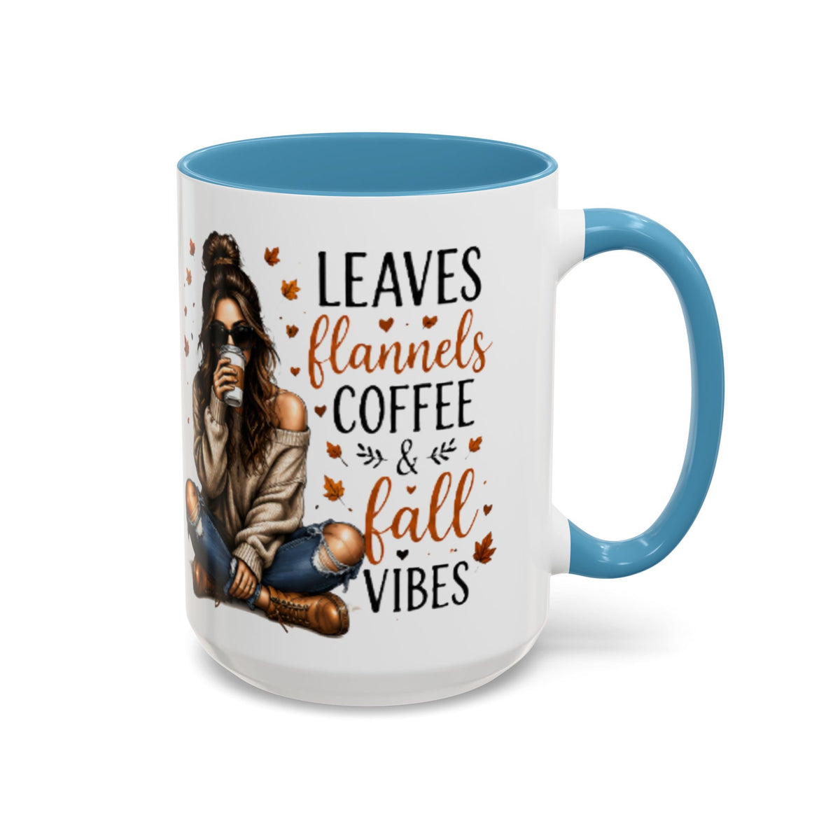 Autumn coffee mug with light blue handle, white body, “Leaves flannels coffee & fall vibes” print