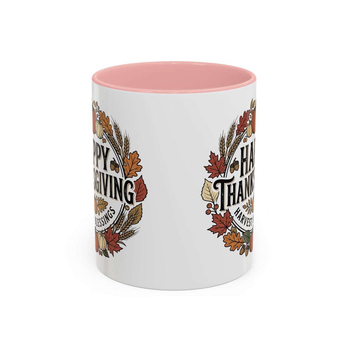 Happy Thanksgiving Accent Coffee Mug — "Harvest Blessings" Fall Pumpkin Wreath (11/15 oz)