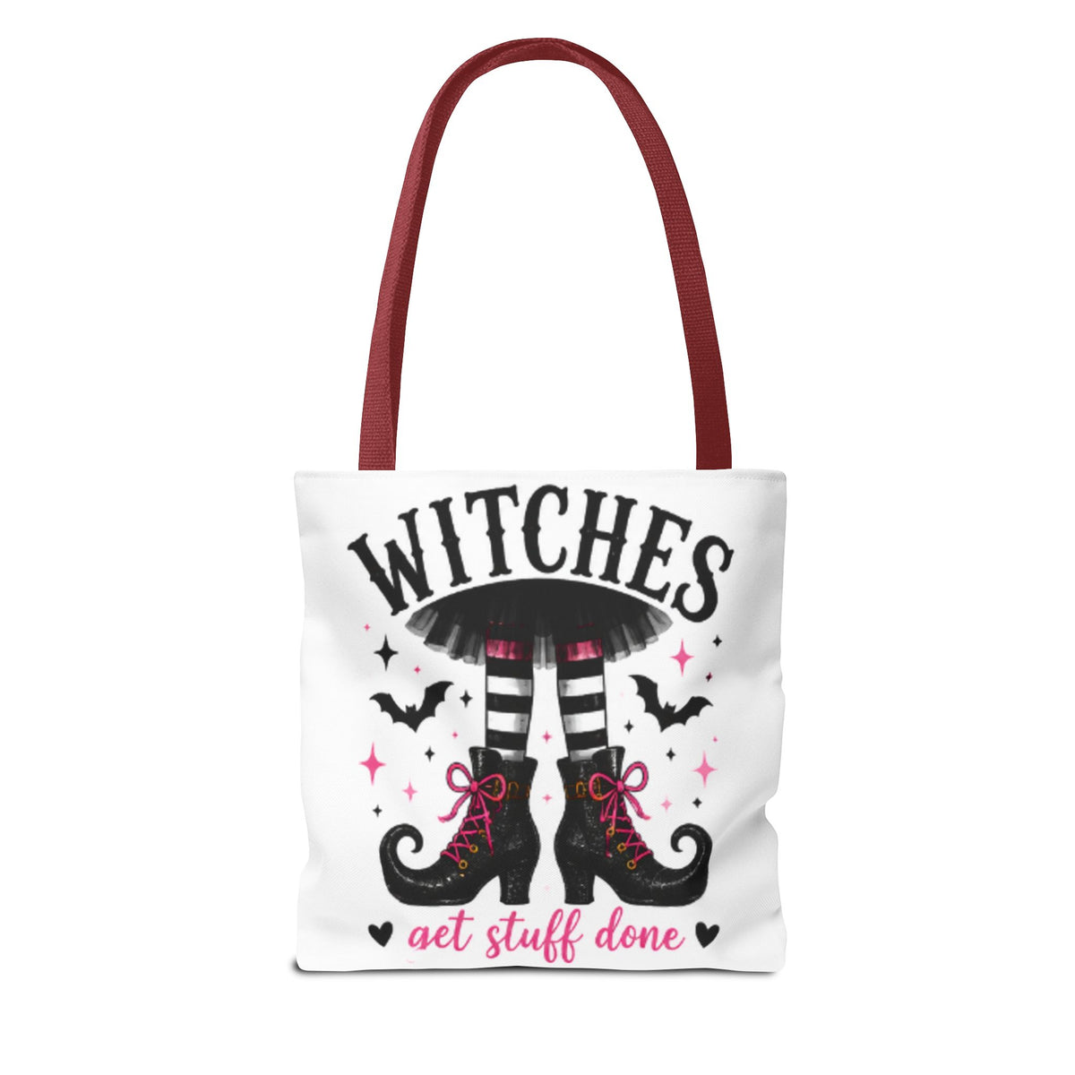 White canvas tote bag with burgundy handles and witch boots graphic, 'WITCHES' text.