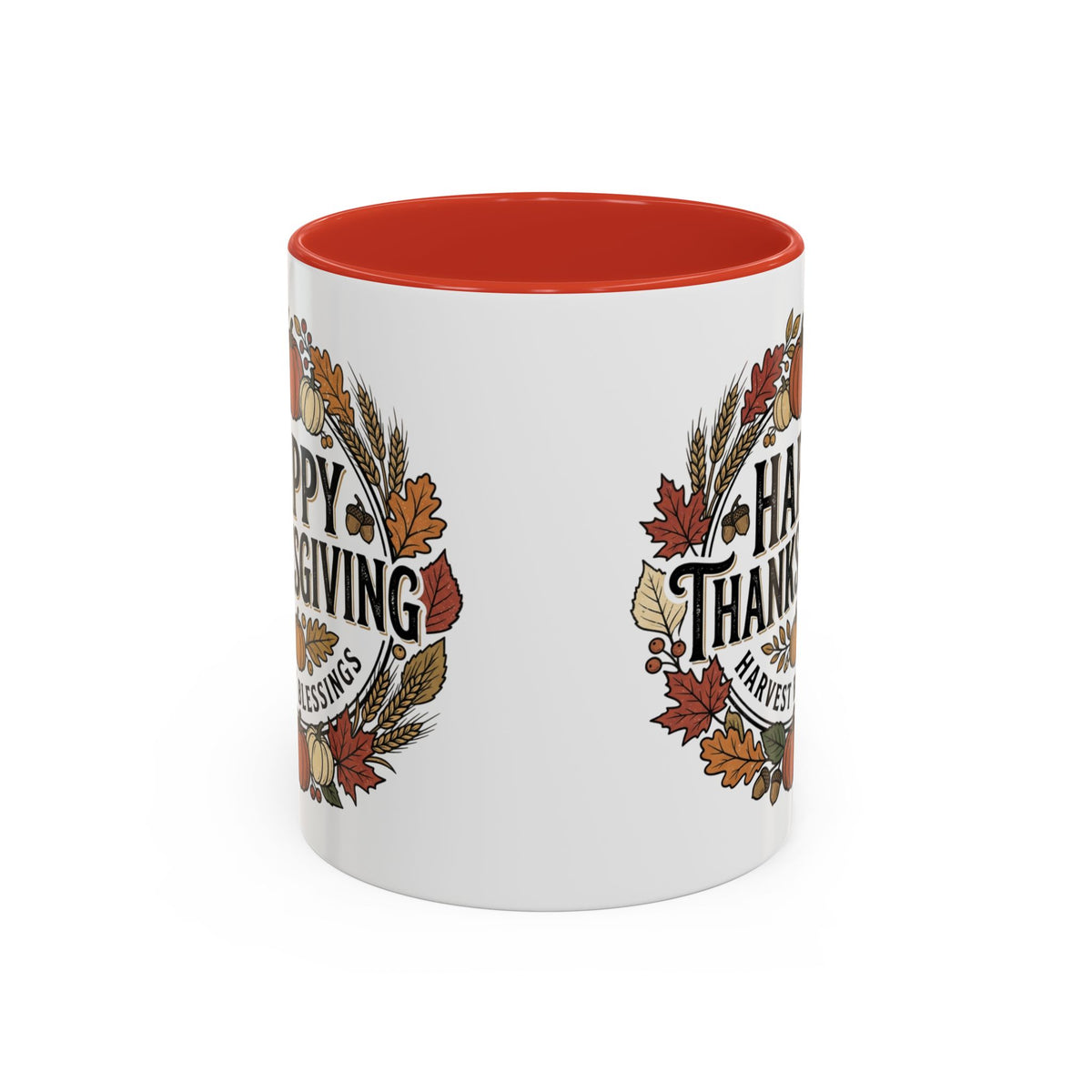 Happy Thanksgiving Accent Coffee Mug — "Harvest Blessings" Fall Pumpkin Wreath (11/15 oz)