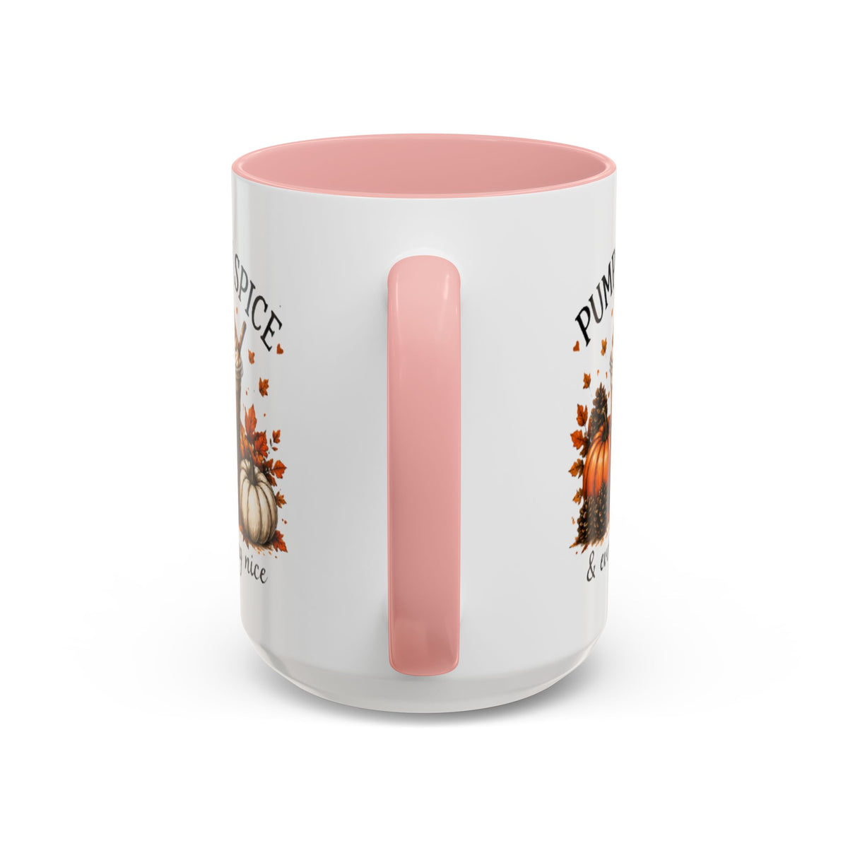 White coffee mug with pink interior and pink handle; Pumpkin Spice text design