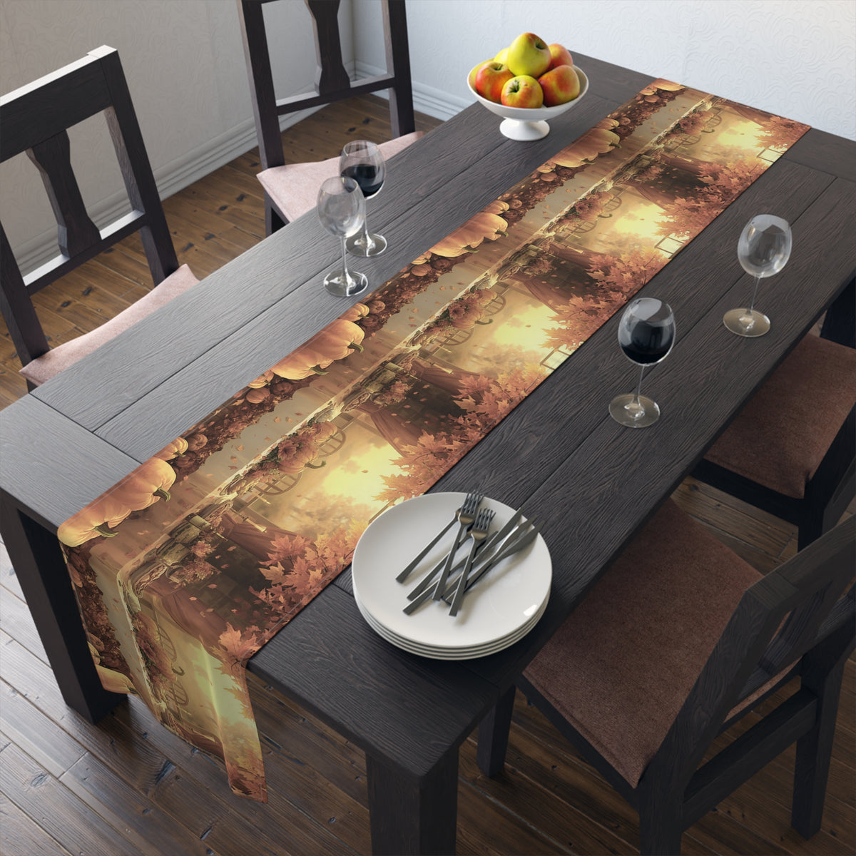 Autumn Pumpkin Farm Table Runner — Fall Harvest Thanksgiving Decor
