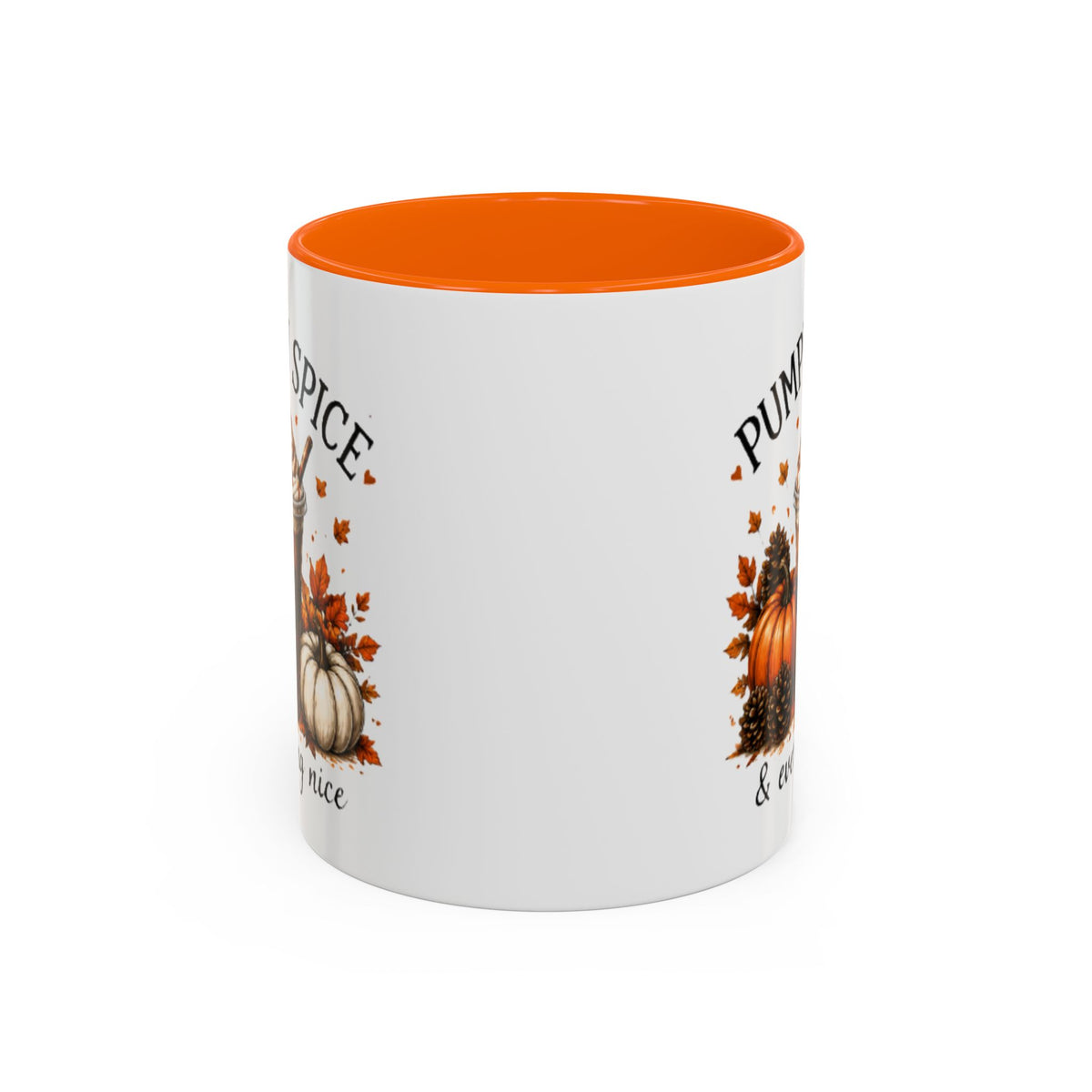 White coffee mug with orange interior and autumn pumpkin-spice print