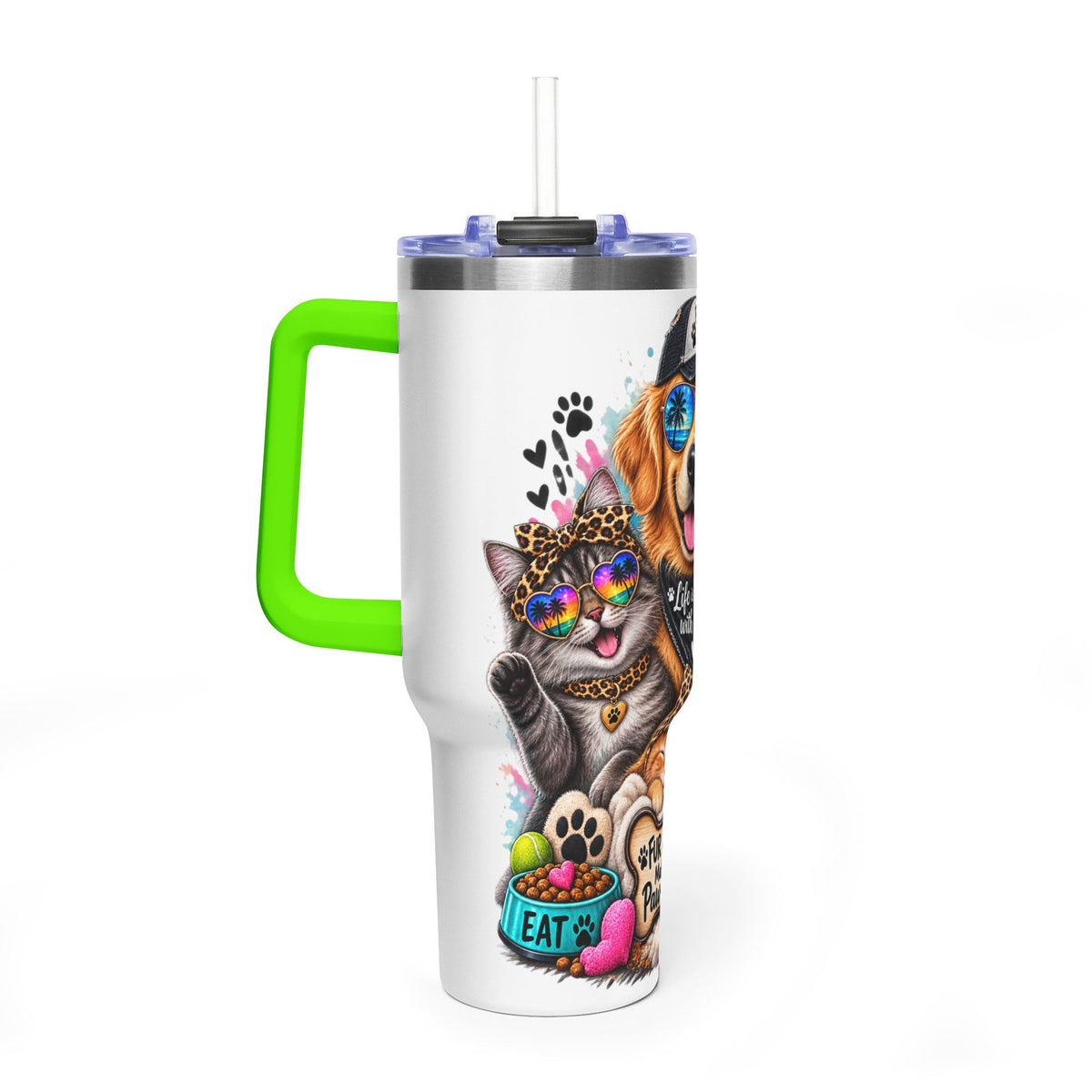 40oz Vacuum Tumbler — "Life is Better with Pets" Colorful Dog & Cat Travel Mug