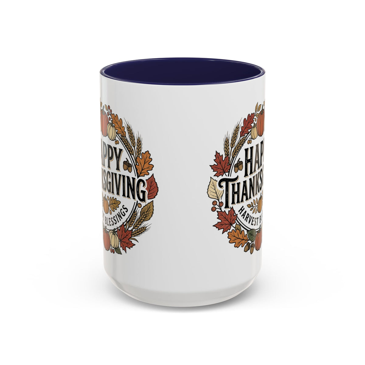 Happy Thanksgiving Accent Coffee Mug — "Harvest Blessings" Fall Pumpkin Wreath (11/15 oz)