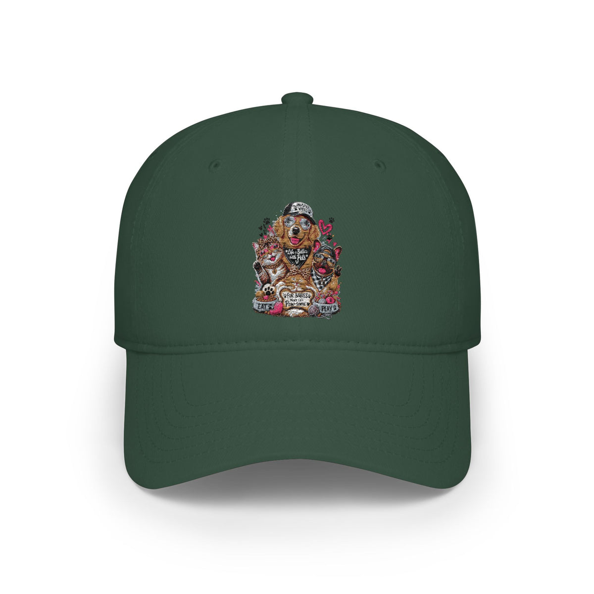 Red Puppy Pile Baseball Cap — Cute Dog Stack Embroidered Low Profile Hat