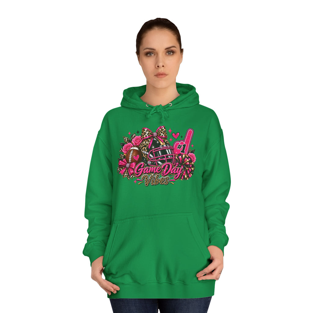 Printify Game Day Cheer Hoodie — Pink Football Floral Design, green hoodie modeled by a woman with a colorful football and cheer graphic
