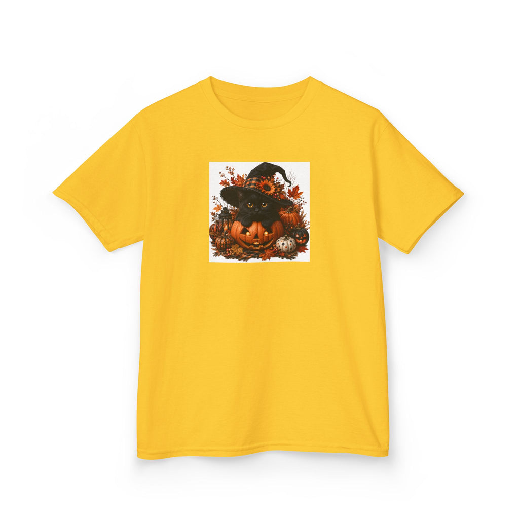 Kids Tee — Halloween Black Cat with Witch Hat & Pumpkins