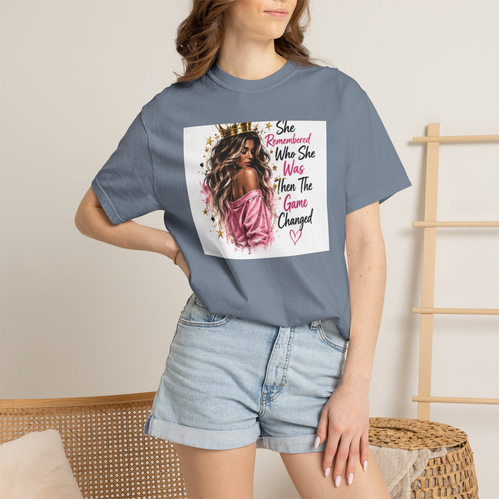 T-Shirt — 'She Remembered Who She Was' Empowerment Tee (Woman Portrait, Inspirational Quote)