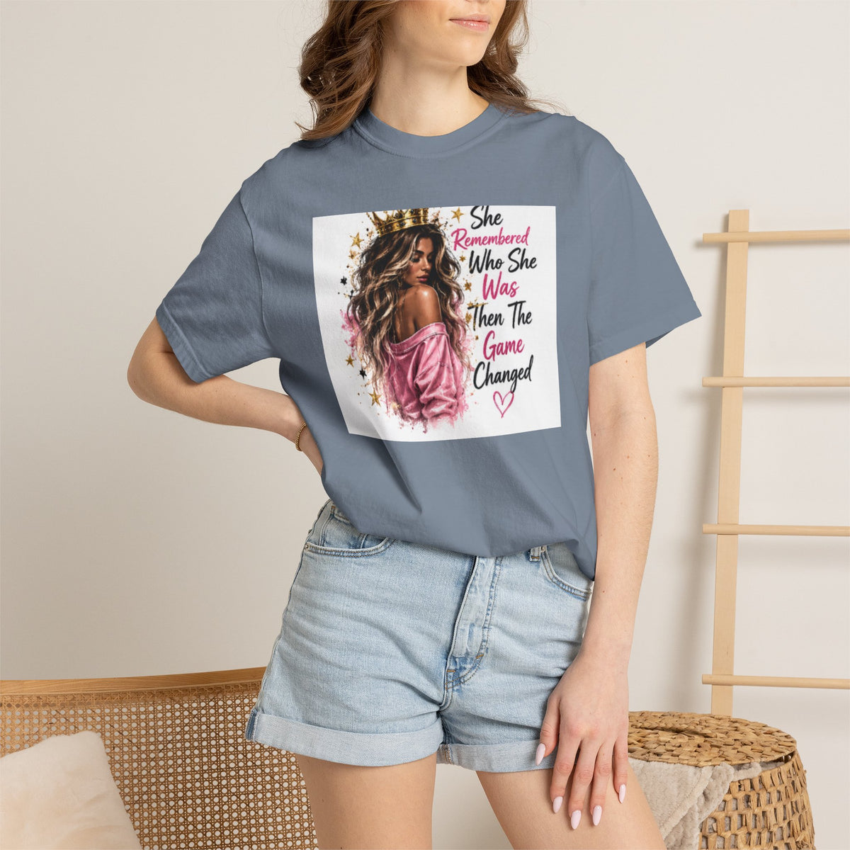 T-Shirt — 'She Remembered Who She Was' Empowerment Tee (Woman Portrait, Inspirational Quote)