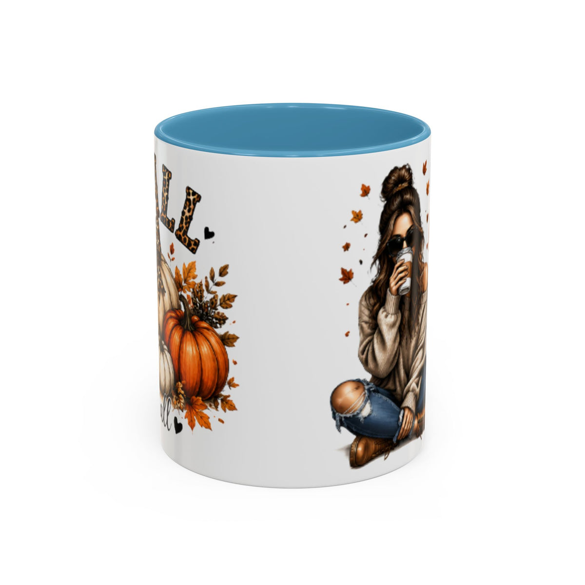 White mug with light blue interior, autumn pumpkin and woman drinking coffee graphic