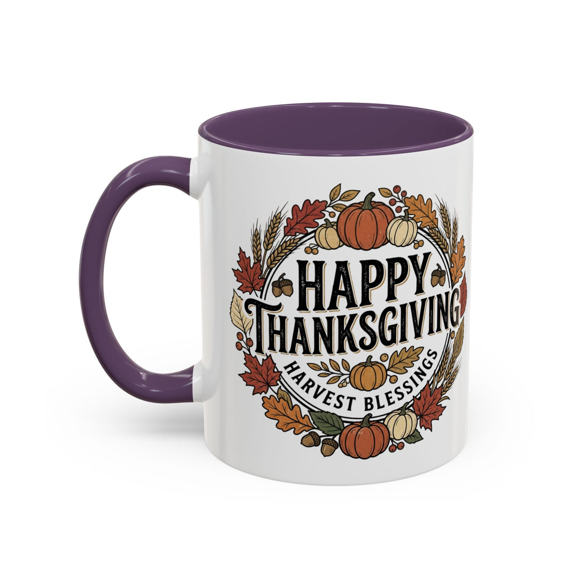 Happy Thanksgiving Accent Coffee Mug — "Harvest Blessings" Fall Pumpkin Wreath (11/15 oz)