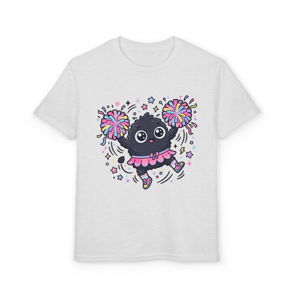 Cute Black Kitty Cheerleader Youth T-Shirt — Pom-Pom Dancing Cat Tee