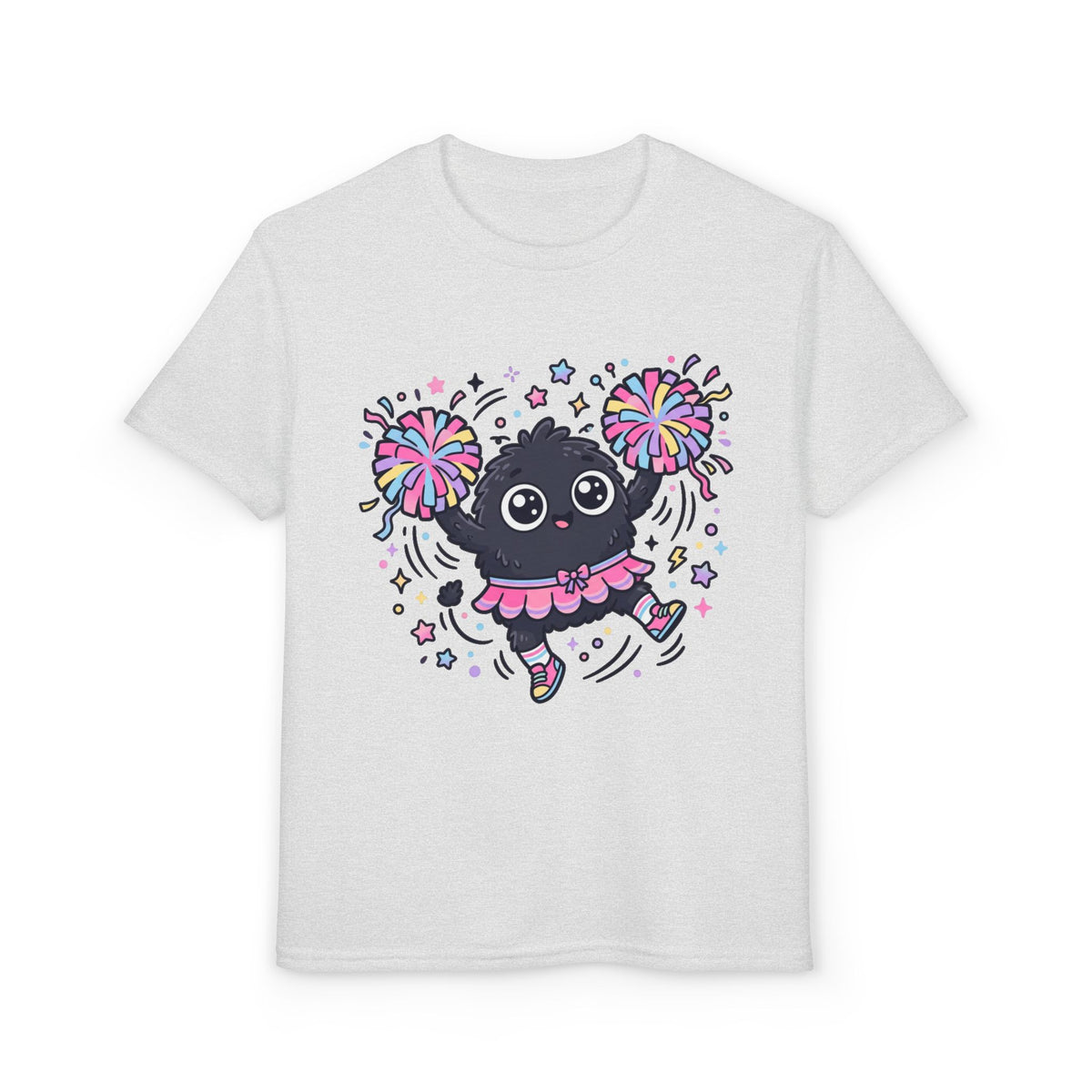 Cute Black Kitty Cheerleader Youth T-Shirt — Pom-Pom Dancing Cat Tee