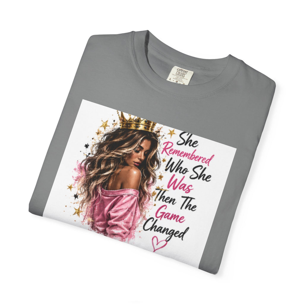 T-Shirt — 'She Remembered Who She Was' Empowerment Tee (Woman Portrait, Inspirational Quote)