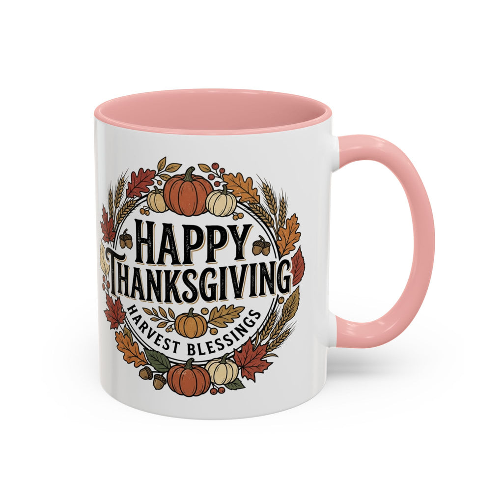 Happy Thanksgiving Accent Coffee Mug — "Harvest Blessings" Fall Pumpkin Wreath (11/15 oz)