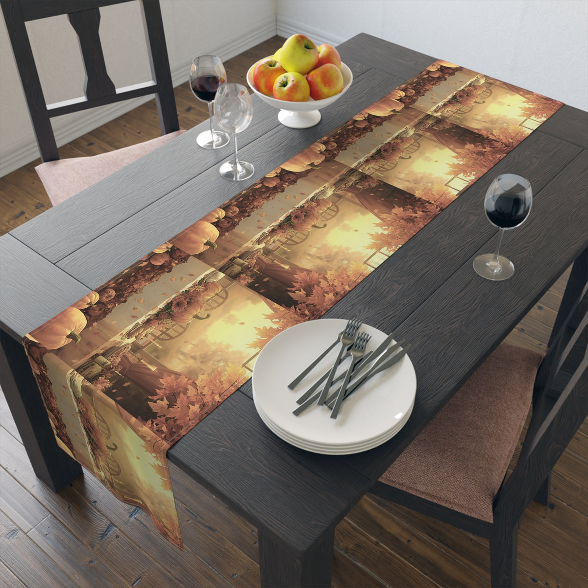 Autumn Pumpkin Farm Table Runner — Fall Harvest Thanksgiving Decor